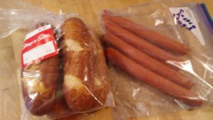 Costco hot dogs and Shop 'n Save pretzel buns.